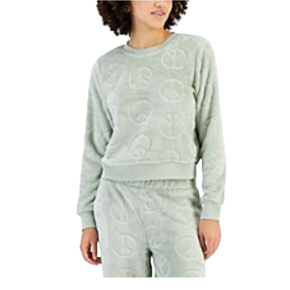 Crave Fame Juniors' Cozy Faux-Fur Set Embossed Peace Sign Crewneck Top and Pant - Picture 1 of 10